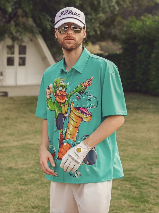 Hardaddy Hawaiian Button Up Shirt for Men Green St. Patrick's Day Dinosaur Beer Gold Coins Regular Fit Short Sleeve Shirt St Paddy's Day Shirt