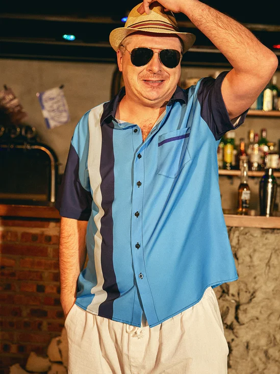 Hardaddy Football Striped Chest Pocket Short Sleeve Bowling Shirt
