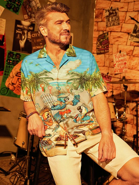 Hardaddy Men's Parrot Print Hawaiian Collar Short Sleeve Trendy Aloha Shirt