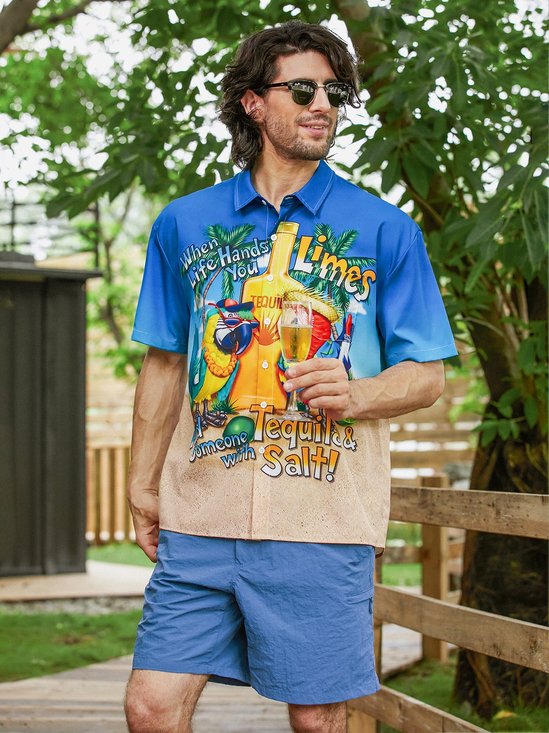 Hardaddy When Life Hands You Lines Find Someone With Tequila And Salt Vintage Motivated Quote Parrot Chest Pocket Short Sleeve Hawaiian Botton Down Shirt