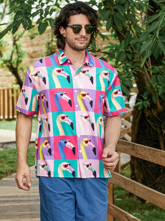 Hardaddy Flamingo Chest Pocket Short Sleeve Hawaiian Shirt