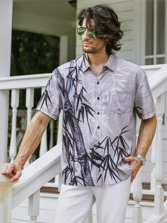 Hardaddy Hawaiian Shirt for Men Grey Bamboo Chest Pocket Short Sleeve Casual Button Down Shirt
