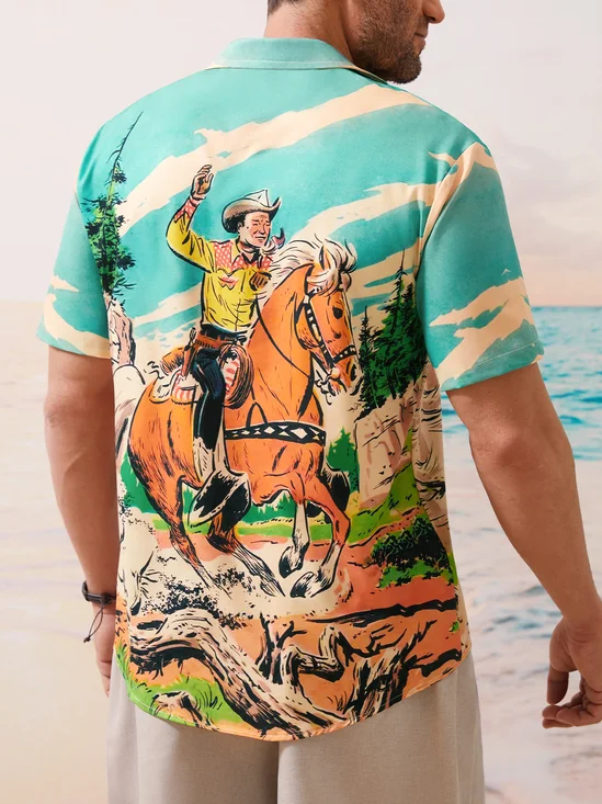 Men's Kentucky Derby Retro Western Cowboy Pocket Equestrian Casual Loose Comics Print Up To 4XLT Shirt