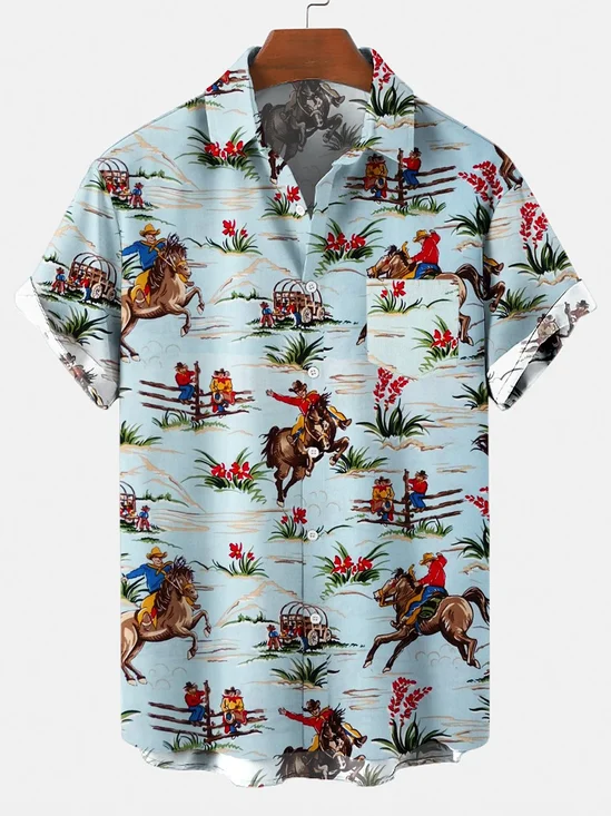Men's Kentucky Derby Retro Cowboy Horse Style Lover Pocket Equestrian Casual Loose Comfortable Shirt