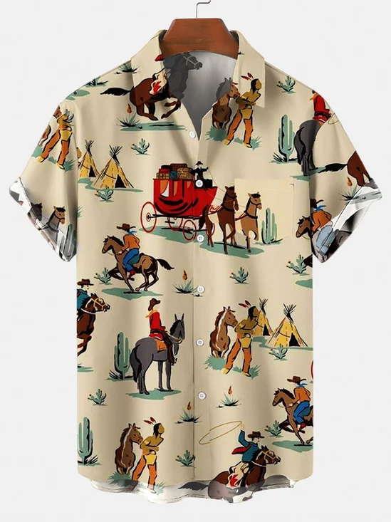 Men's Kentucky Derby Attire Retro Cowboy Pocket Equestrian Casual Loose Comfortable Shirt