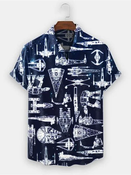 Hardaddy Mens Aerospace Machine Print Casual Breathable Short Sleeve Hawaiian Shirt