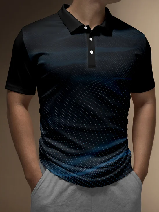 Hardaddy Men's 3D Polka Dot Gradient Button Short Sleeve Polo Shirt Casual Style Art Collection Lapel Print Top