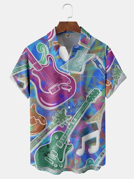 Music Guitar Chest Pocket Short Sleeve Shirt