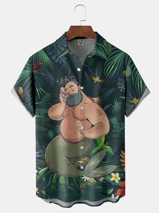 Hardaddy Mermaid Floral Chest Pocket Short Sleeve Hawaiian Shirt