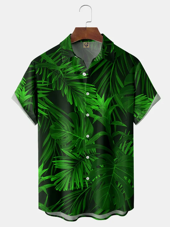 Leaves Chest Pocket Short Sleeve Hawaiian Shirt