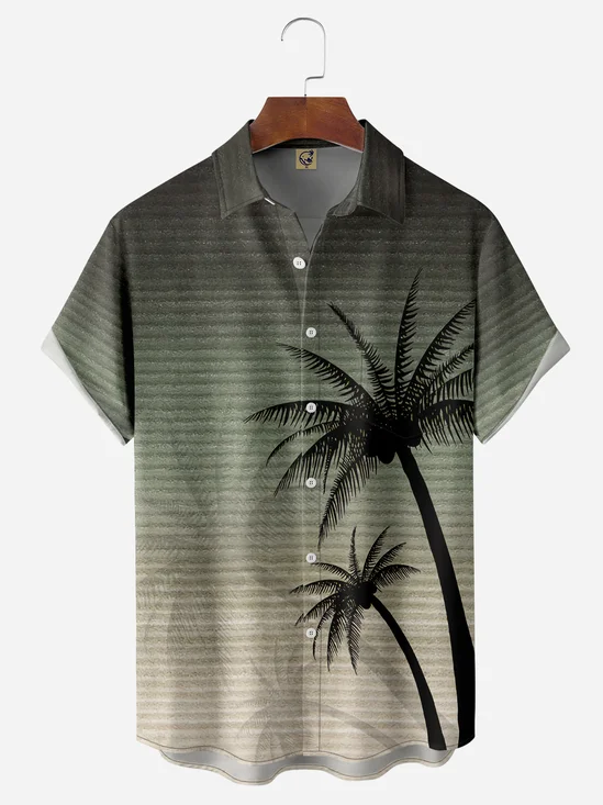 Gradient Texture Coconut Tree Chest Pocket Short Sleeve Casual Shirt