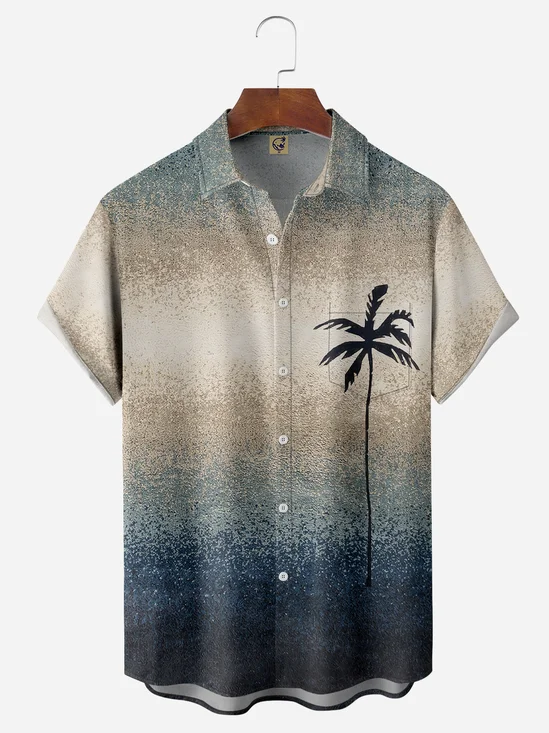 Hardaddy Gradient Texture Coconut Tree Chest Pocket Short Sleeve Casual Shirt