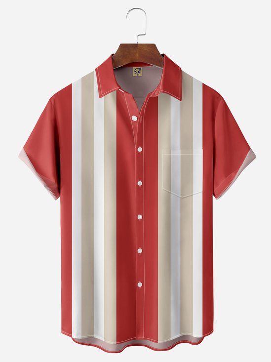 Hardaddy Geometric Stripe Chest Pocket Short Sleeve Bowling Shirt