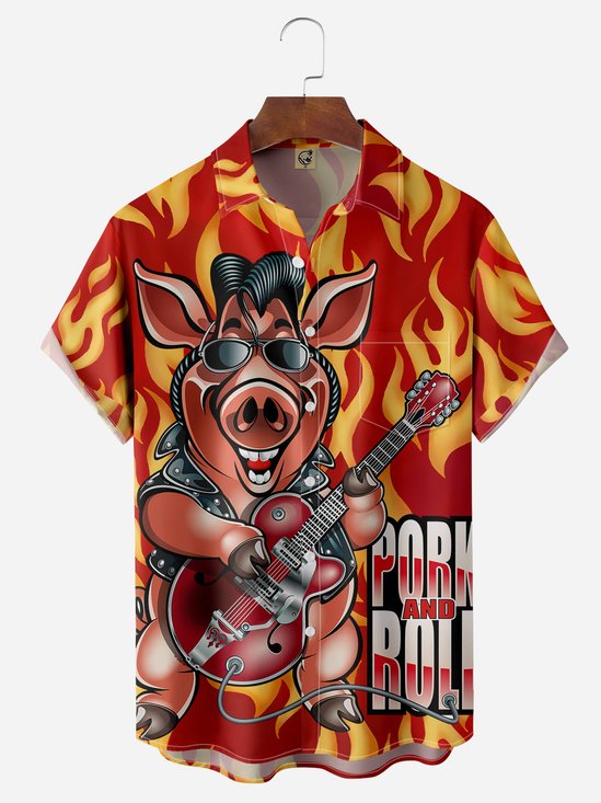 Pig Guitar Chest Pocket Short Sleeve Casual Shirt