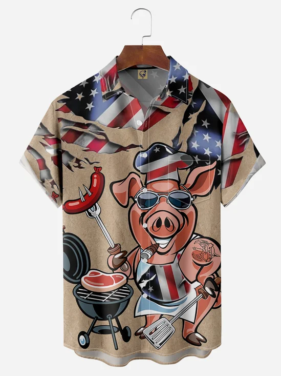 Hardaddy BBQ Pig Cooker Chest Pocket Short Sleeve Casual Shirt