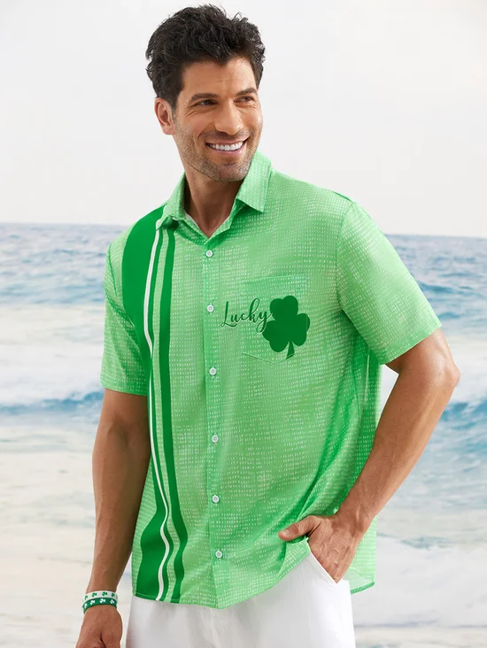 Hardaddy Hawaiian Button Up Shirt for Men Green St. Patrick's Day Lucky Clover Regular Fit Short Sleeve Bowling Shirt St Paddy's Day Shirt