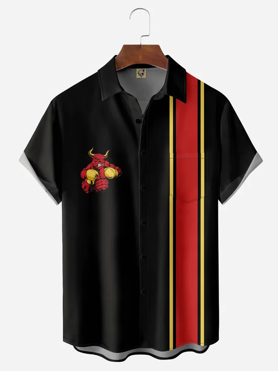 Boxing Bull Chest Pocket Short Sleeve Bowling Shirt
