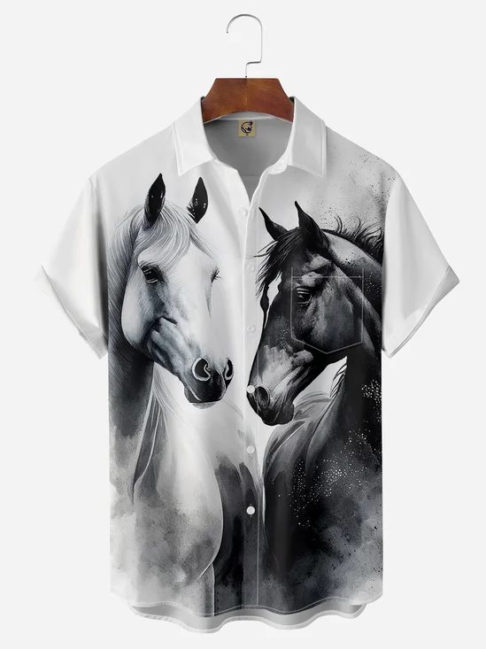 Horse Chest Pocket Short Sleeve Casual Shirt
