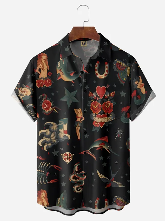 Tattoo Girl Chest Pocket Short Sleeve Hawaiian Shirt