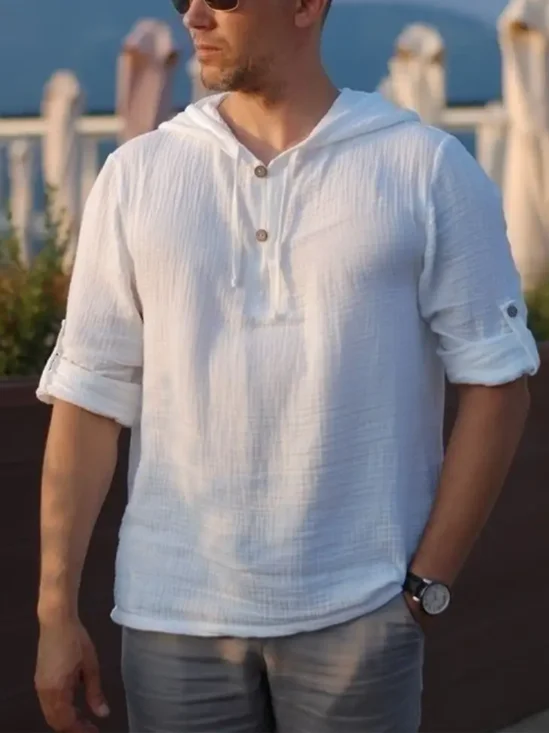 Hardaddy Cotton Plain Textured Long Sleeve Hooded Shirt