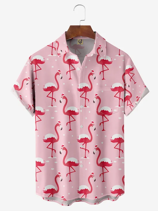 Hardaddy Christmas Flamingo Chest Pocket Short Sleeve Vacation Shirt