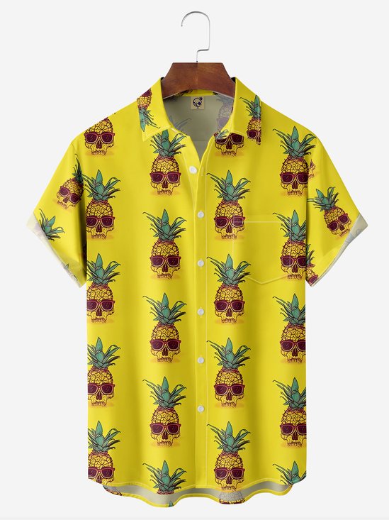 Pineapple Skull Chest Pocket Short Sleeve Hawaiian Shirt