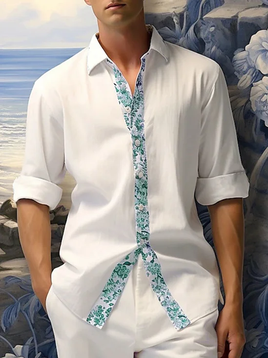 Hardaddy Cotton Plain Stitching Floral Long Sleeve Casual Shirt