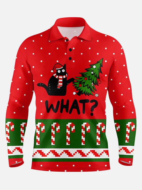 Christmas Cat Candy Cane Long Sleeve Vacation Polo Shirt