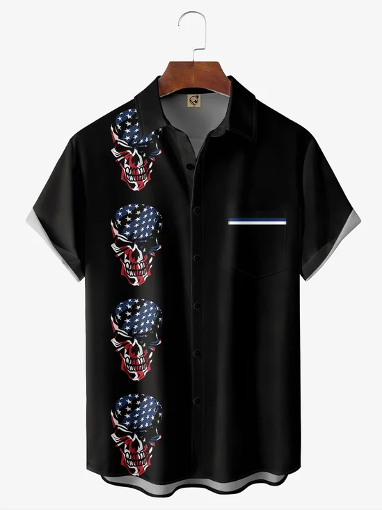 Hardaddy Flag Skull Chest Pocket Short Sleeve Bowling Shirt