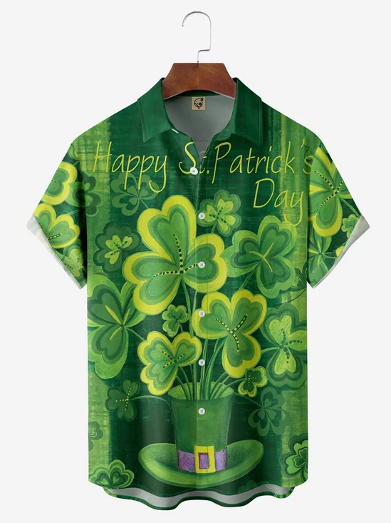 Hardaddy Hawaiian Button Up Shirt for Men Green St. Patrick's Day Lucky Clover Regular Fit Short Sleeve Shirt St Paddy's Day Shirt