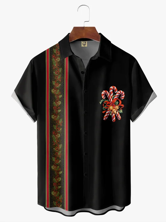 Christmas Candy Cane Chest Pocket Short Sleeve Bowling Shirt
