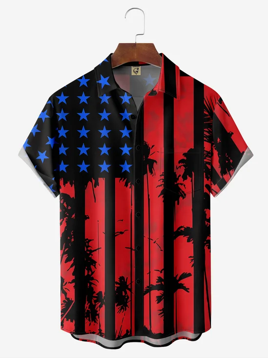 Flag Coconut Tree Chest Pocket Short Sleeve Casual Shirt