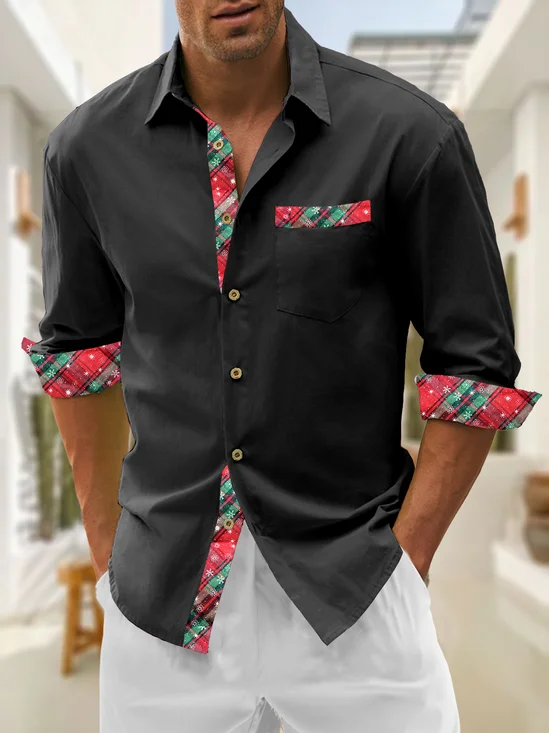 Hardaddy Cotton Plain Patchwork Geometric Chest Pocket Long Sleeved Shirt