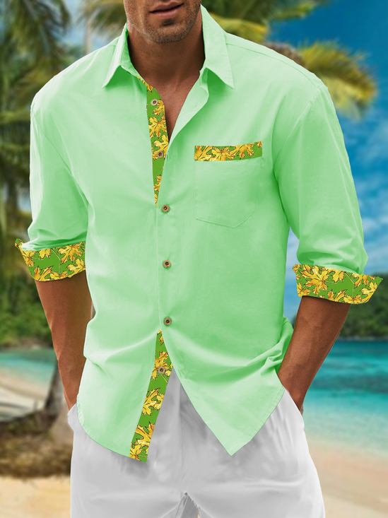 Hardaddy Cotton Plain Patchwork Leaf Print Chest Pocket Long Sleeved Casual Shirt
