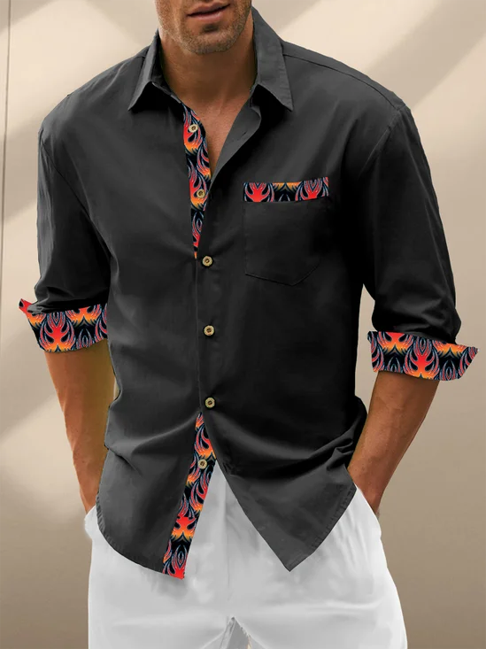Hardaddy Cotton Patchwork Flame Print Chest Pocket Long Sleeved Shirt