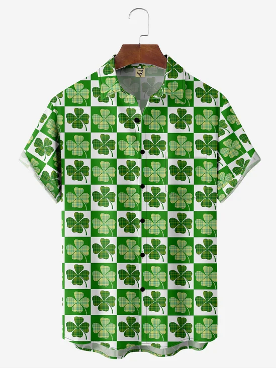 Hardaddy Hawaiian Button Up Shirt for Men Green St. Patrick's Day Lucky Clover Lucky Grid Regular Fit Short Sleeve Shirt St Paddy's Day Shirt