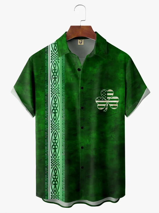 Hardaddy Hawaiian Button Up Shirt for Men Green St. Patrick's Day Lucky Clover Regular Fit Short Sleeve Shirt St Paddy's Day Shirt