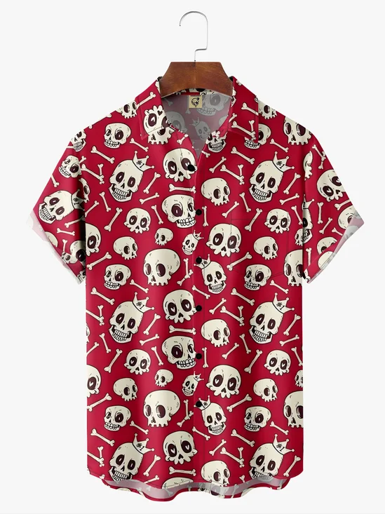 Hardaddy Music Punk Culture Skull Chest Pocket Red Regular Fit Short Sleeve Hawaiian Shirt For Men