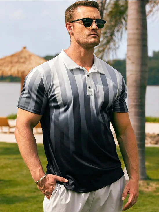 Hardaddy Casual Art Collection Gradient Striped Geometric Pattern Lapel Short Sleeve Polo Print Top