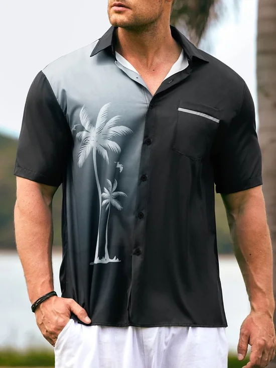Hardaddy Shirts For Father Gradient Coconut Tree Chest Pocket Short Sleeve Shirt