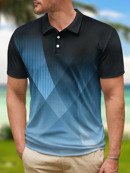 Hardaddy Ombre Geometric Button Short Sleeve Polo Shirt