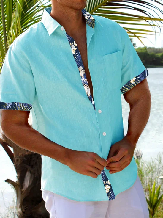 Hardaddy Cotton Patchwork Tropical Plant Print Casual Shirt