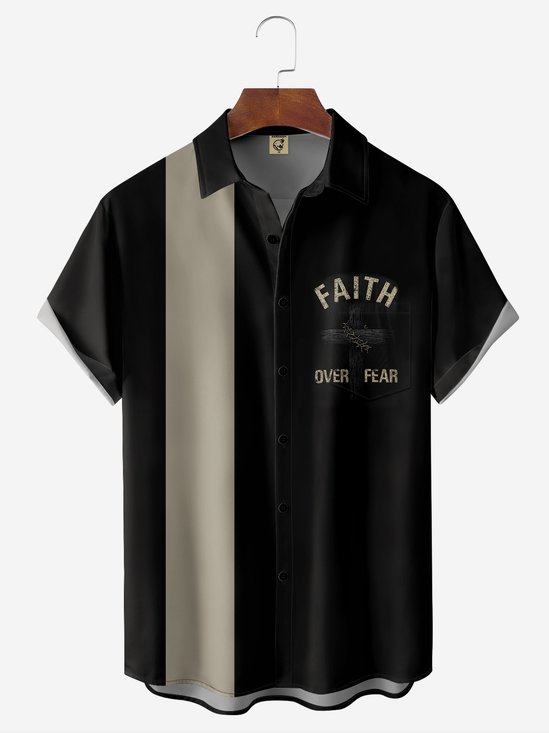 Breathable Memorial Day “Faith Over Fear” Chest Pocket Bowling Shirt
