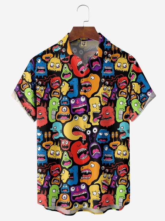 Breathable Wicking Cartoon Chest Pocket Hawaiian Shirt