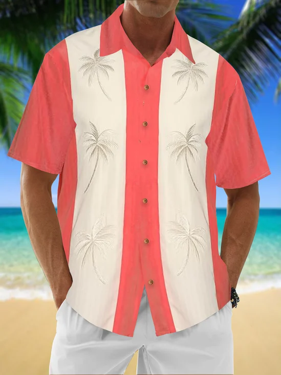 Hardaddy Cotton Plain Patchwork Striped Coconut Tree Bowling Shirt