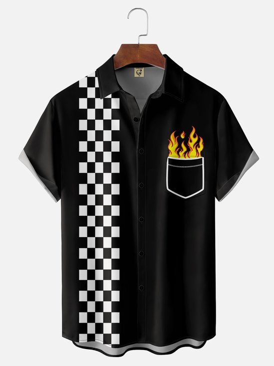 Hardaddy Black-white Plaid Racing Pocket Bowling Shirt
