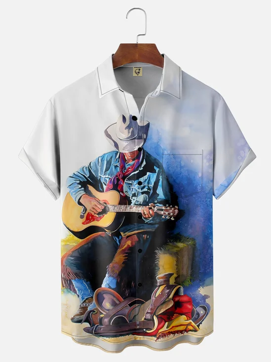 Hardaddy Breathable Wicking Western Cowboy Playing Guitar Aqua Drawing Chest Pocket Shirt