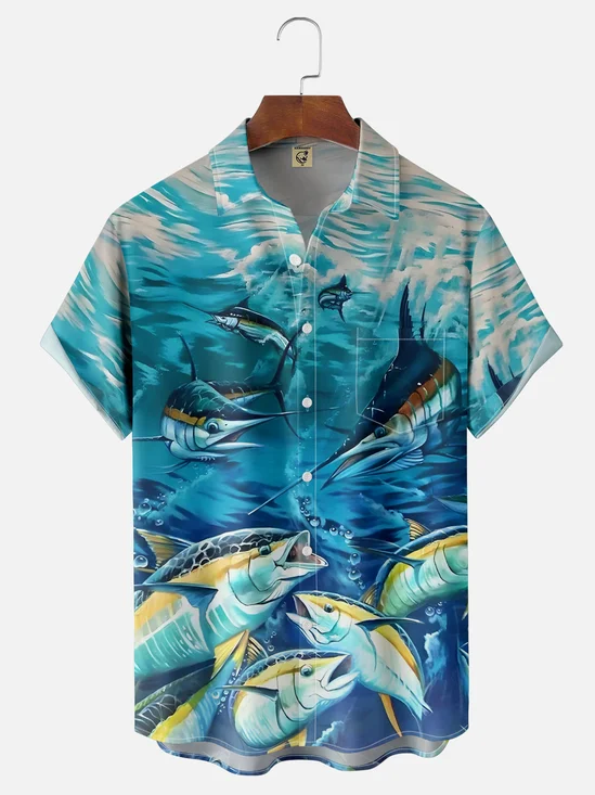 Hardaddy Breathable Marlins Fish Chest Pocket Hawaiian Shirt