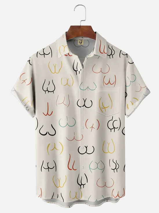 Hardaddy Moisture-wicking Abstract Line Drawing Chest Pocket Hawaiian Khaki Boob Shirt For Men
