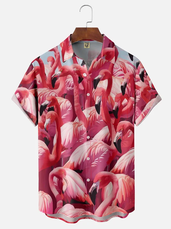 Hardaddy Pink Flamingo Chest Pocket Breathable Hawaiian Shirt